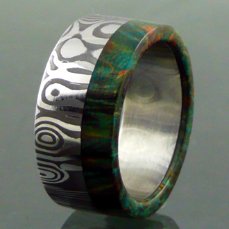 Handgefertigter Damastring mit Green Buckeye Burl