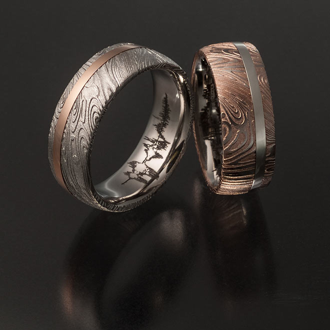 Damascus Steel Wedding Bands Rheas Ring Redgold Inlay HECHO